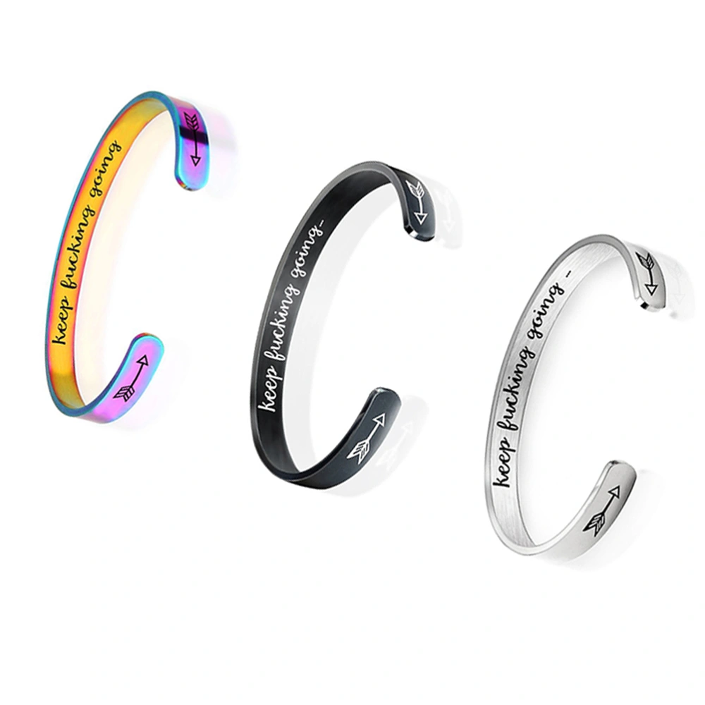 3pcs Creative Lettering Bracelet Fashion Stainless Steel Opening Bangle Simple Wrist Chain for Woman Man (Black Colorful and Steel Color)