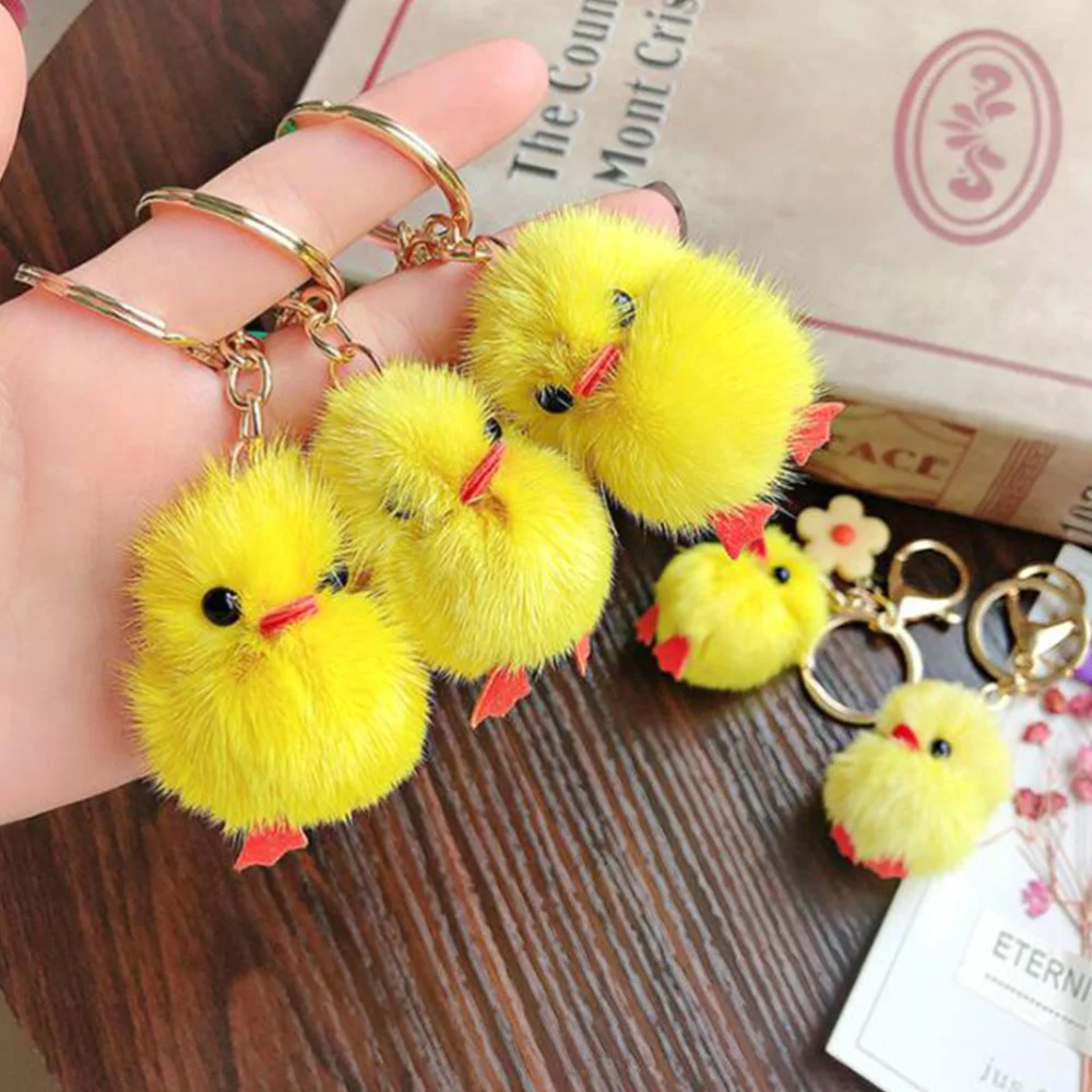 Plush Chick Keyring Pendents Doll Key Holder Hanging Ornament For Bag Car Key (Little Yellow Chicken + Pink Flower)