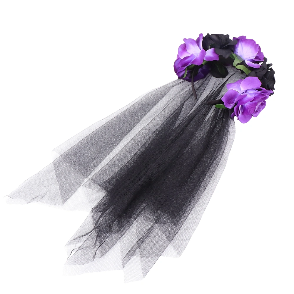 Artificial Rose Hair Hoops Halloween Party Headband Creative Photo Props Veil Hair Accessory (Black with Purple)