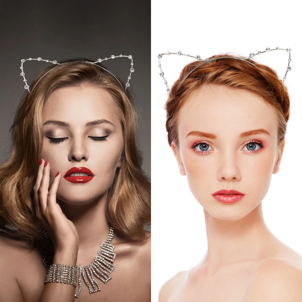 WINOMO 1PC Rhinestone Headband with Cat Ears Fancy Dress for Costume Party (Silver)