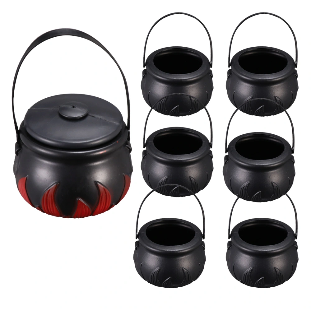 7 Pcs Novelty Candy Kettles with Lid Halloween Black Kettles Candy Holder Witches Cauldron with Handle (1cp Size L with Fire Pattern, 6pcs Size S with Fire Pattern)