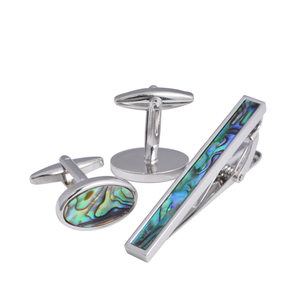 Abalone Shell Cuff-link Tie Bar Set Colorful Fritillaria Thun-bergli Sleeve Button Set (1 Pair Sleeve Button + 1 Tie Pin)