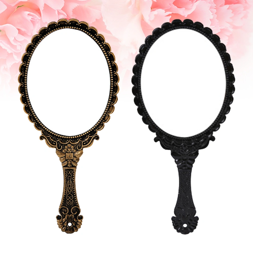 2Pcs Vintage Handhold Makeup Mirror Light Weight Travel Makeup Mirrors Oval Cosmetic Hand Held Mirror for Women Female (Black + Bronze)