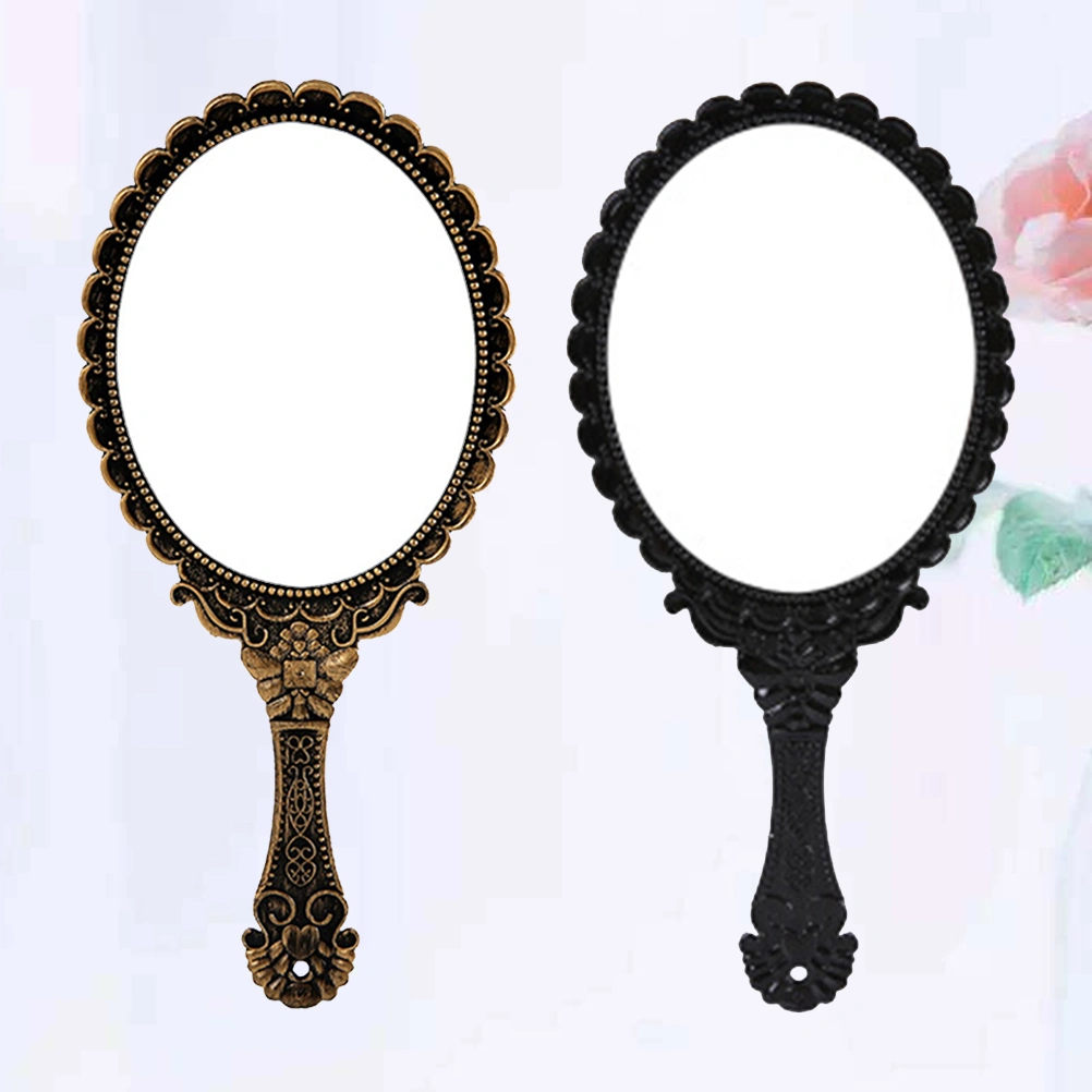 2Pcs Vintage Handhold Makeup Mirror Light Weight Travel Makeup Mirrors Oval Cosmetic Hand Held Mirror for Women Female (Black + Bronze)