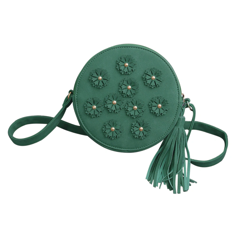 Women PU Leather Flower Tassel Crossbody Bag Ladies Designer Single Shoulder Diagonal Small Round Satchel Handbag (Deep Green)