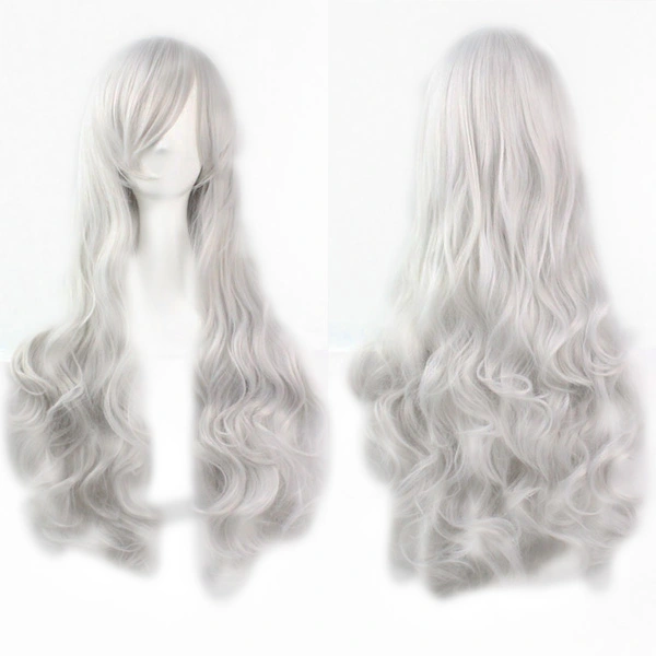 Women Girls 80CM Long Wavy Synthetic Fiber Wig with Bangs for Anime Cosplay (Silver)