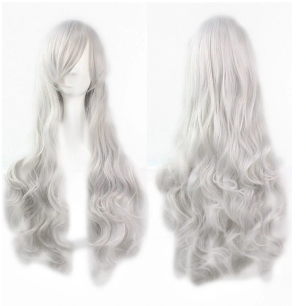 Women Girls 80CM Long Wavy Synthetic Fiber Wig with Bangs for Anime Cosplay (Silver)