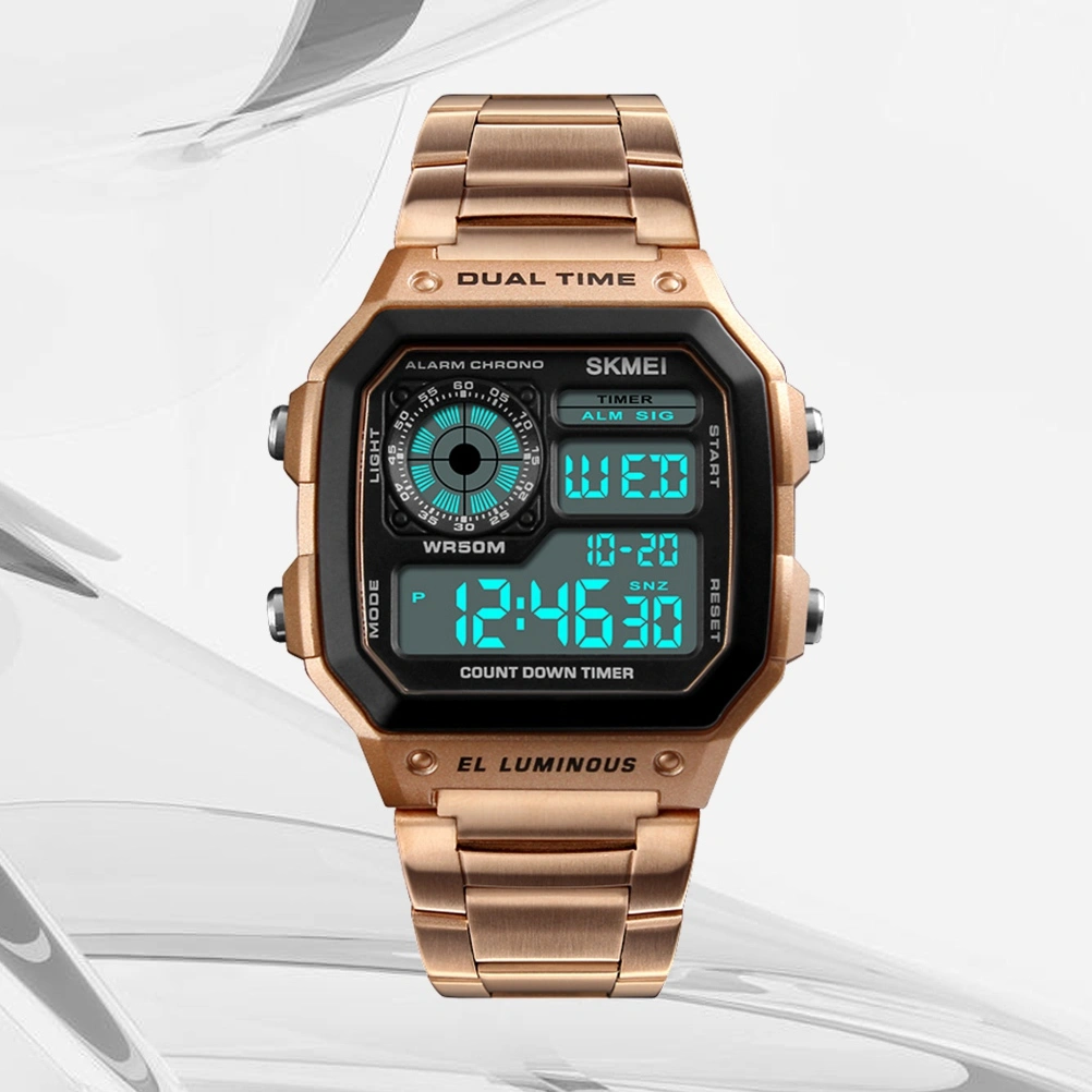 Men Sports Outdoor Watch Waterproof Watch Stainless Steel Fashion Digital Watch Men Clock (Rose Gold)