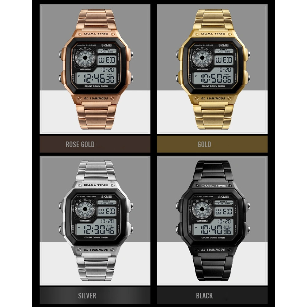 Men Sports Outdoor Watch Waterproof Watch Stainless Steel Fashion Digital Watch Men Clock (Rose Gold)
