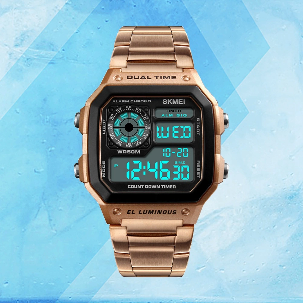 Men Sports Outdoor Watch Waterproof Watch Stainless Steel Fashion Digital Watch Men Clock (Rose Gold)