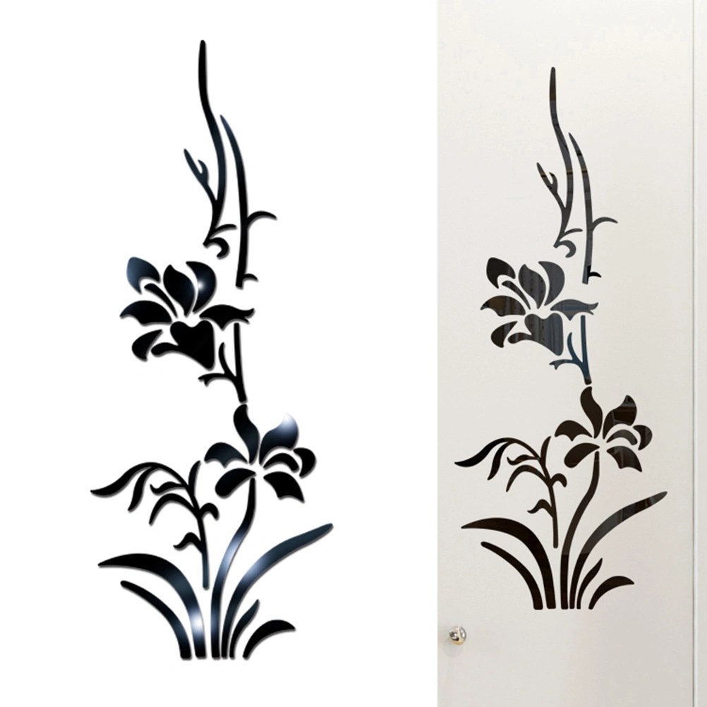 Flower Mirror Wall Sticker Acrylic 3D Crystal Mirror Wall Sticker Home Porch Background Wall Decal(Black)