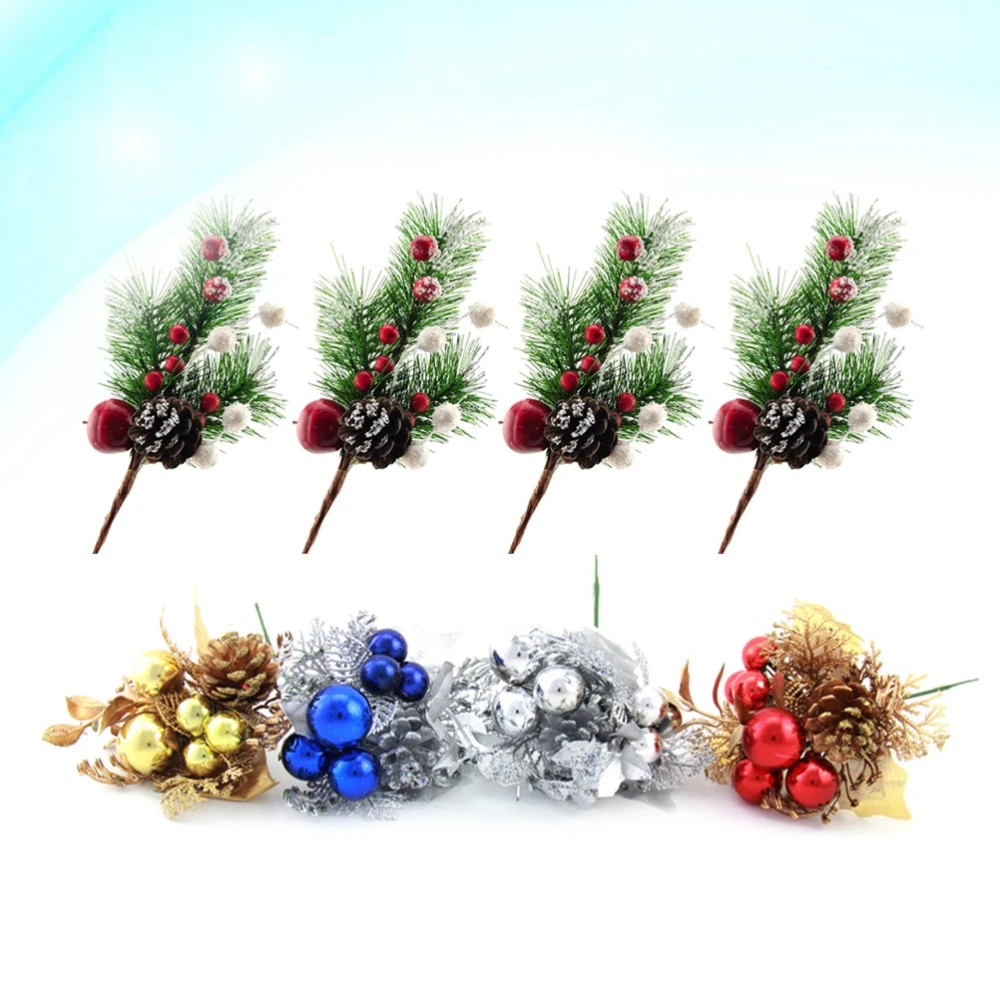 8PC/Total Pine Cones Red Fruit Christmas Cuttings Decorations and Christmas Ball Fruit Ear Cuttings Decor (Gold, Red, Blue and Gold Each)