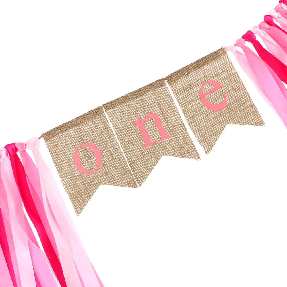 ONE Birthday Banner with Ribbon First Birthday Decorations Burlap Highchair Banner for 1st Birthday Baby Girl (Pink)