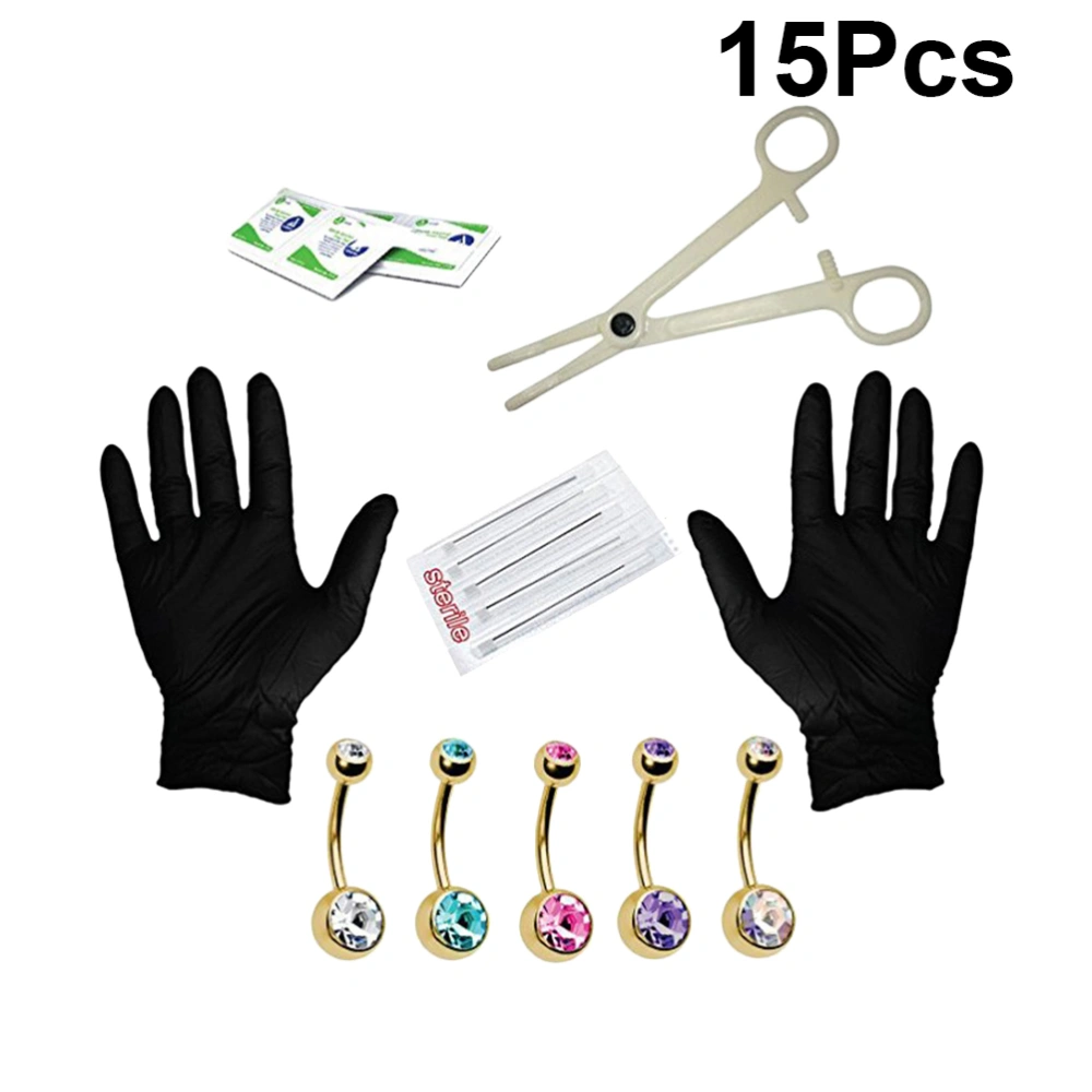 15pcs 14G Piecing Belly Button Ring Set Navel Ring Gloves Piecing Tool (Golden)