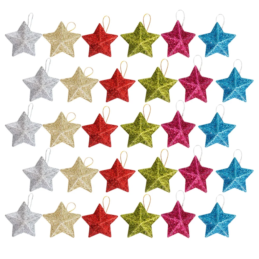 30Pcs Christmas Star Pendants 3D Glitter Stars Hanging Ornaments Party Favors