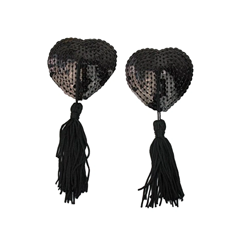 Pair Adhesive Breast Pasties Sequins Stickers Cover Lave Heart Tassel Breast Concealer Pad for Women (Black)