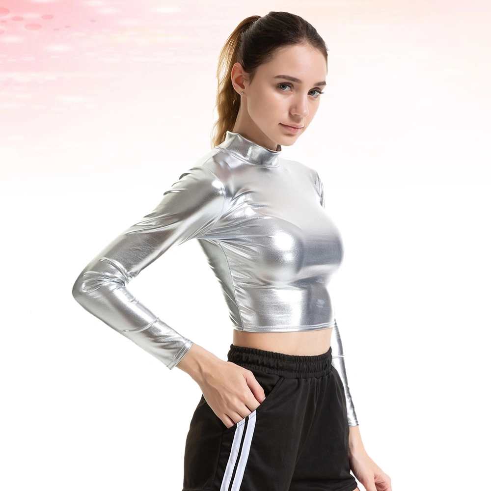 Silver Sexy Solid Color Bustier Patent Leather Performance Costume Long Sleeve Clothes for Cosplay Nightclub Stage Women - Size XXL