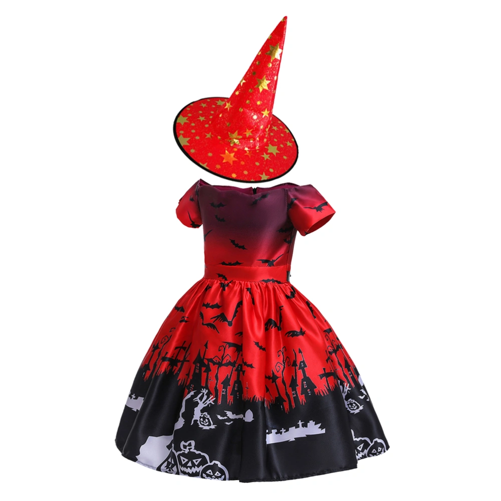 Halloween Themed Dress Party Dress Printing Witch Costume Outfit Masquerade Cosplay Suit for Girls Birthday (Red + Red Witch Hat 130cm)