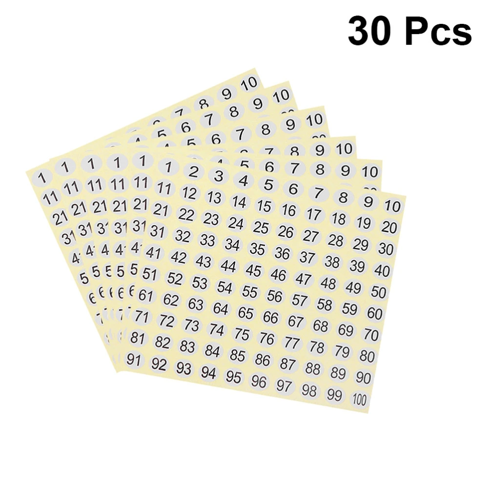 30 Sheets 1-100 Number Stickers Decorative Pasters Arabic Numer Decals Math Educational Supplies