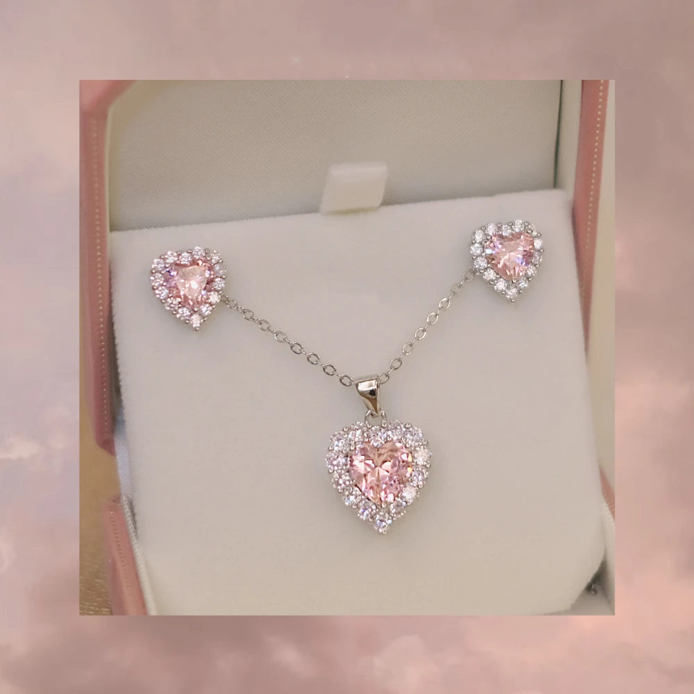 Love Heartbeat Pink Love Zircon Earrings Necklace Set Qixi Valentine's Day Gift For Girlfriend