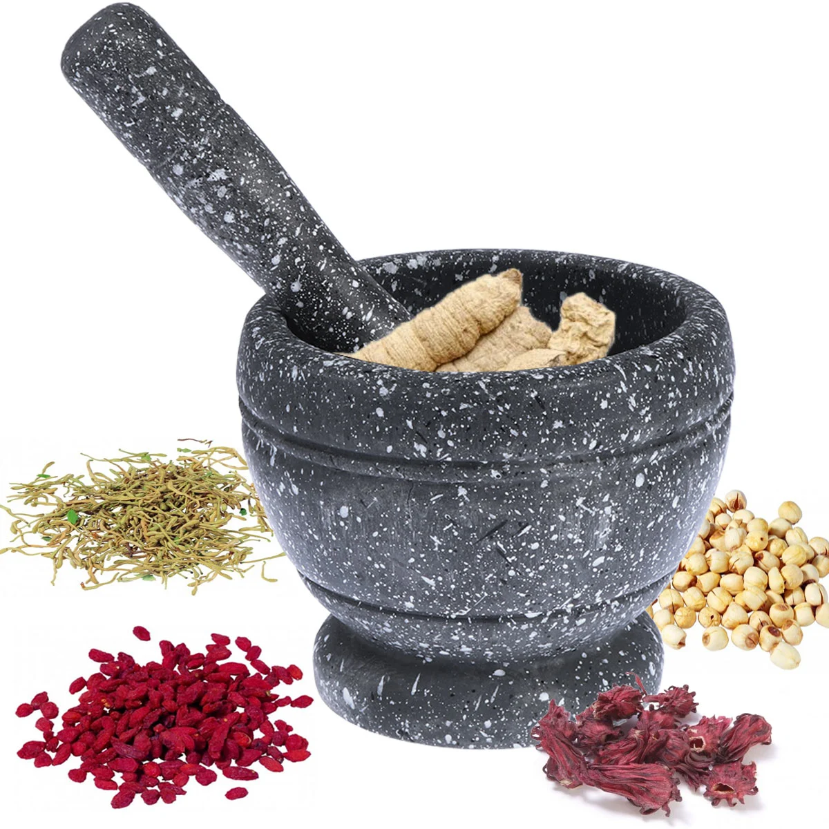 2 Set Practical Kitchen Household Garlic Pugging Pot Pedestal Bowl Mortar and Pestle Set for Home Restaurant (Granitic Pattern, Packaged with Box)