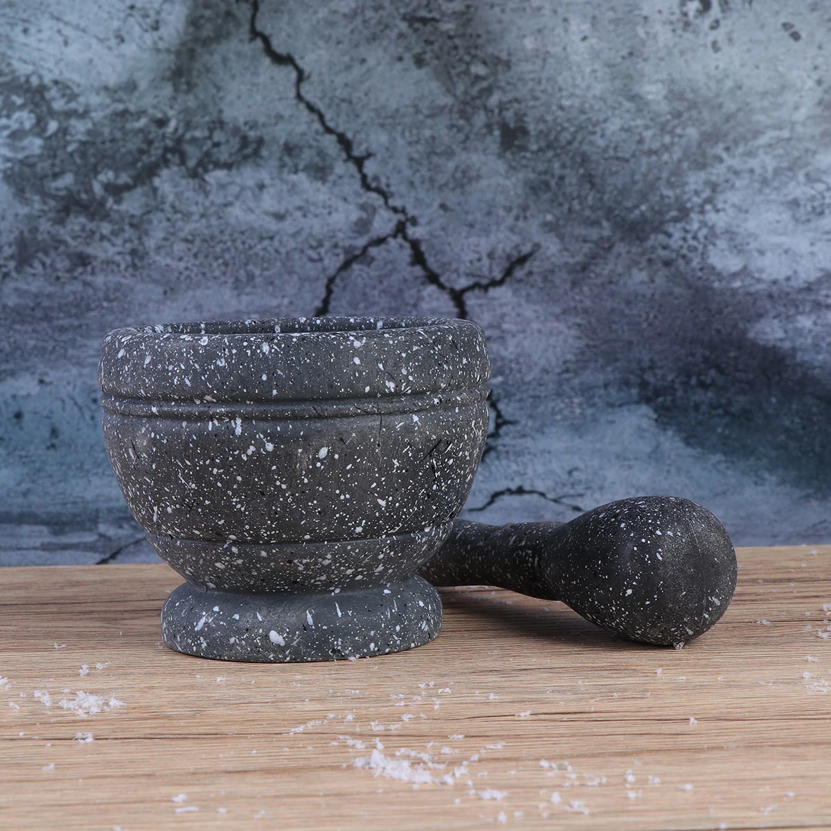 2 Set Practical Kitchen Household Garlic Pugging Pot Pedestal Bowl Mortar and Pestle Set for Home Restaurant (Granitic Pattern, Packaged with Box)