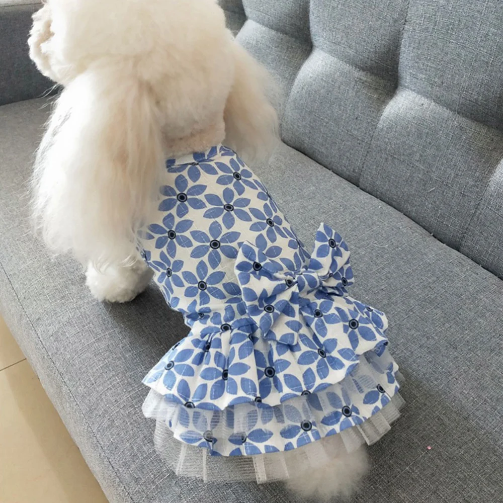 Maple Leaf Lace Dog Skirt Fashion Pet Tutu Dress Adorable Pet Costume Puppy Summer Bow Lace Dress (Blue Size XS)