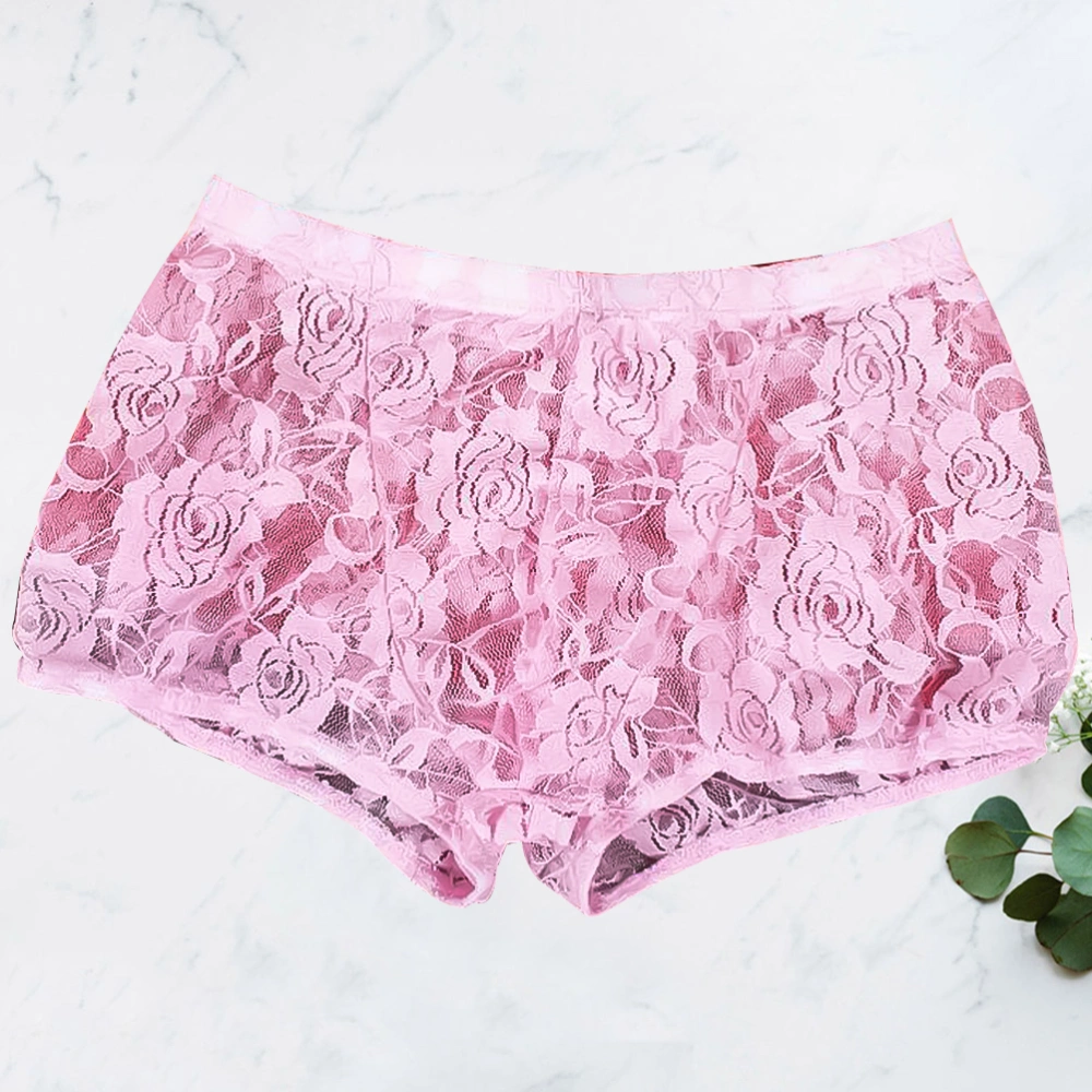 1Pc Sexy Boxers Polyester Lace Underwear Shorts Lace Transparent Briefs Lace for Men (Pink Free Size 55-75KG Mid-Rised)