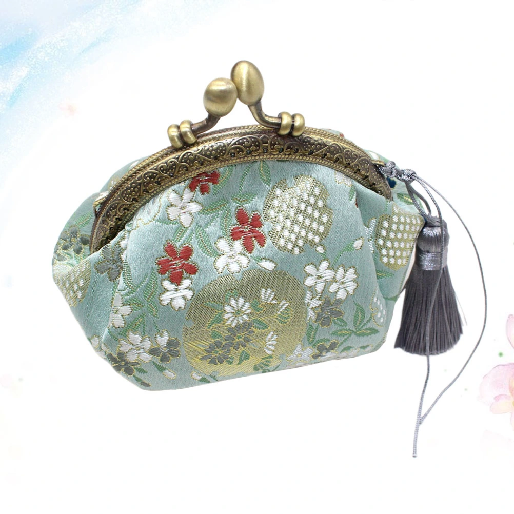 Light Green Vintage Embroidered Brocade Short Purse Retro Coin Bag Buckle Small Wallet Woman Fashion Portable Change Bag Key Storage Pouch
