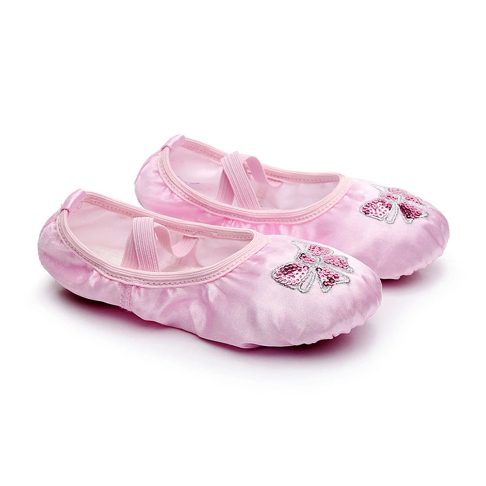 Satin Ballet Practice Shoes Embroidery Sequins Yoga Shoes Sole Dance Shoes for Kids Girls - Size 26 (Pink)