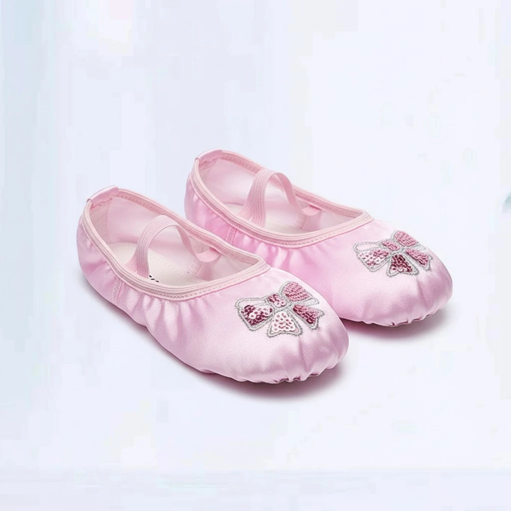 Satin Ballet Practice Shoes Embroidery Sequins Yoga Shoes Sole Dance Shoes for Kids Girls - Size 26 (Pink)