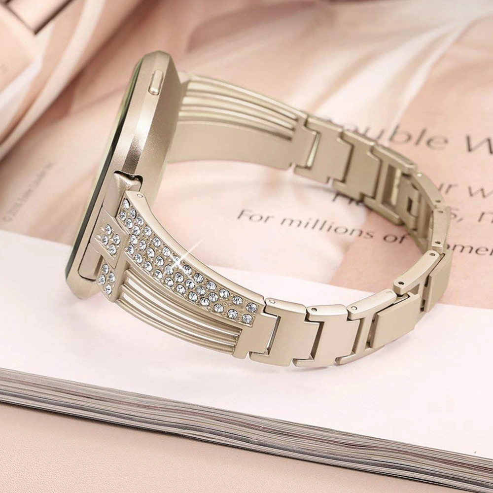 1Pc Stainless Steel Watch Band Delicate Fanshaped Rhinestone Inlaid Wristband Replacement Strap Compatible for Fitbit Versa (Vintage Gold)