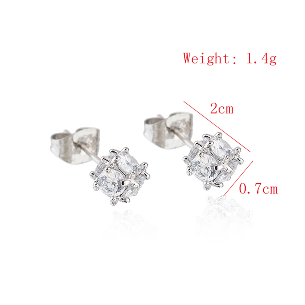 Pair of Women's Girls Cube Style Zircon Eardrop Earrings Ear Studs (Silver+White)
