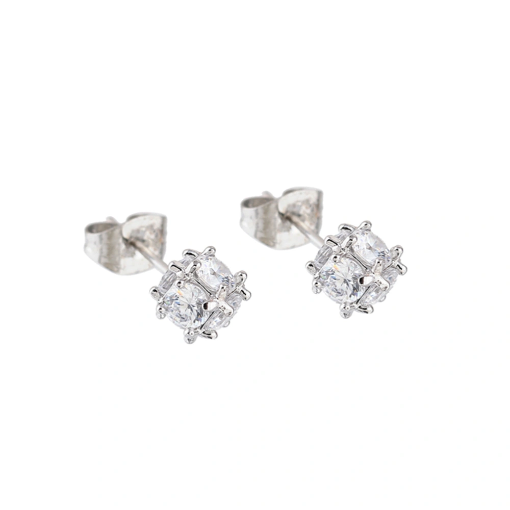 Pair of Women's Girls Cube Style Zircon Eardrop Earrings Ear Studs (Silver+White)