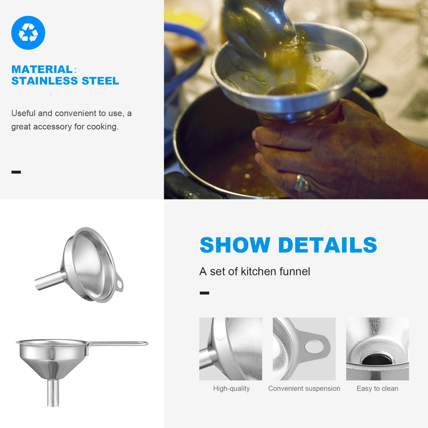 2pcs Stainless Steel Funnel Kitchen Oil Liquid Funnel Metal Funnel Kitchen Kit