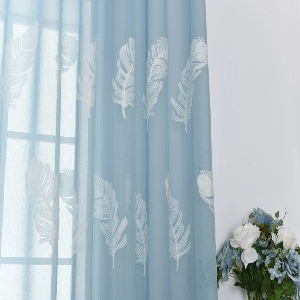 Feather Printed Window Shade Window Drape Valances Curtain Transparent Tulle Window Sheer Screen For Balcony Bedroom 100X200CM (Blue)