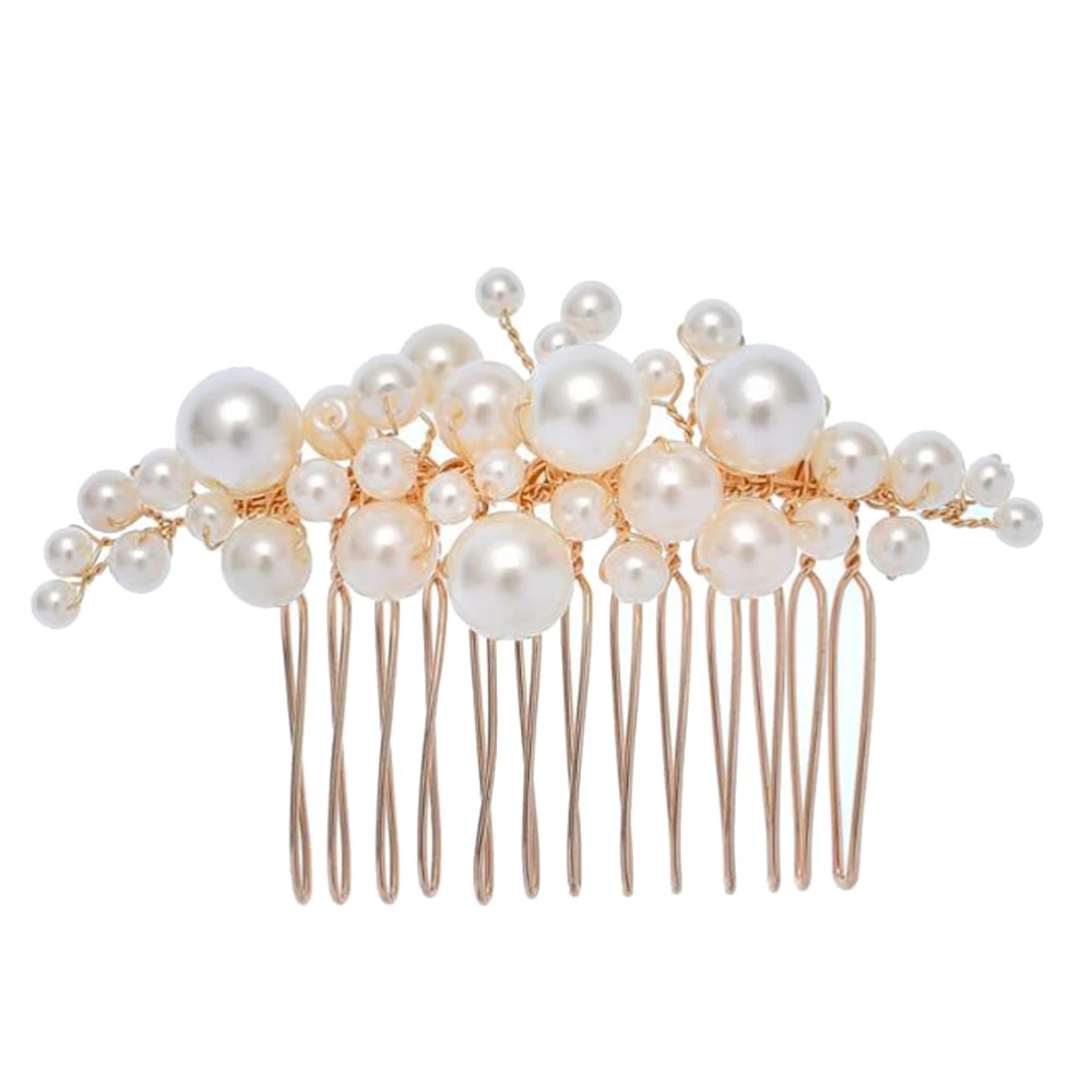 Pearl Hair Comb Fashion Hair Insert Comb Women Hairpins Elegant Headdress Hair Accessories (Golden)