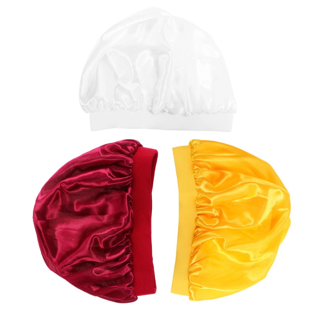 3Pcs Kids Nightcaps Elastic Sleeping Caps Hair Protection Cowls Wide Rim Hat for Home Travel (Yellow White Claret)