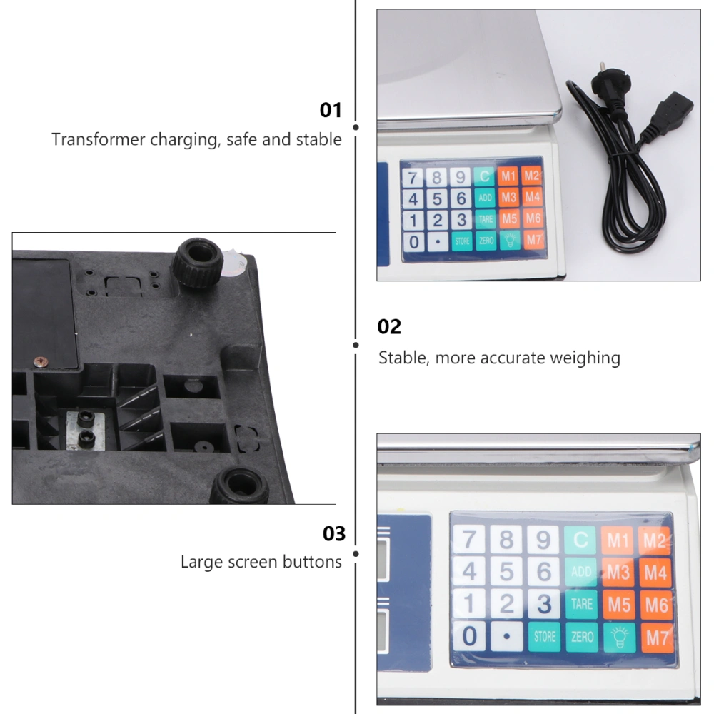 40kg Stainless Steel Electronic Kitchen Scales Digital Commercial Shop Scales Weigh Food Ingredients and Liquid (EU Plug)