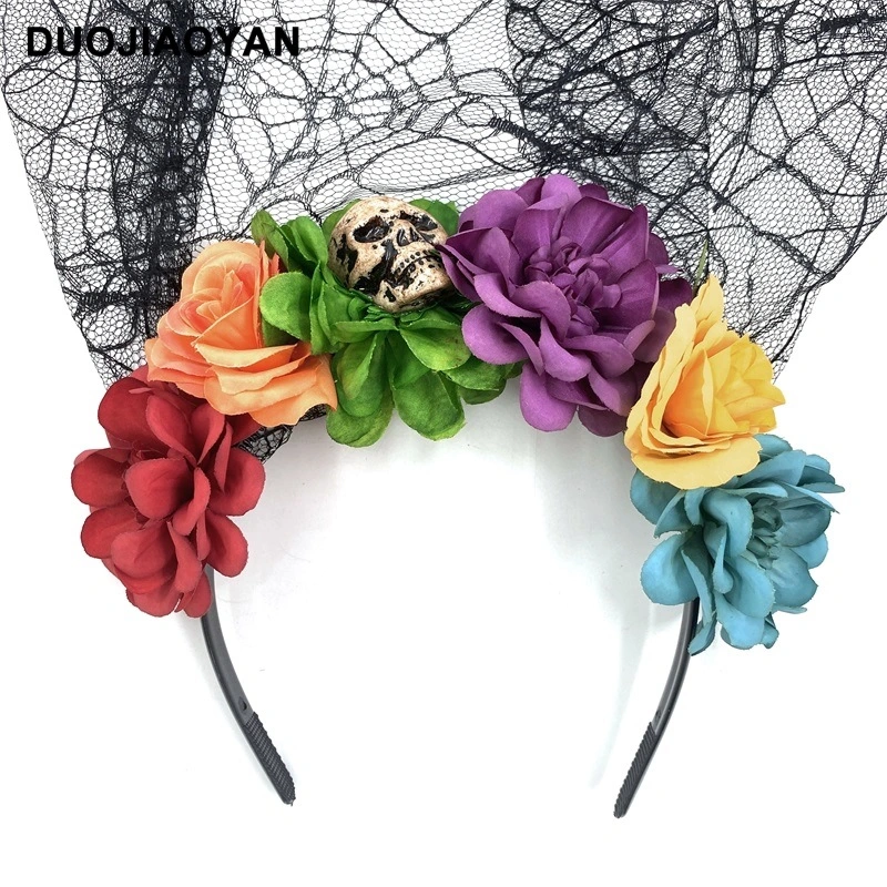 Halloween Veil Headband Decorative Flowers Skull Headband Halloween Party Veil Headband Decor