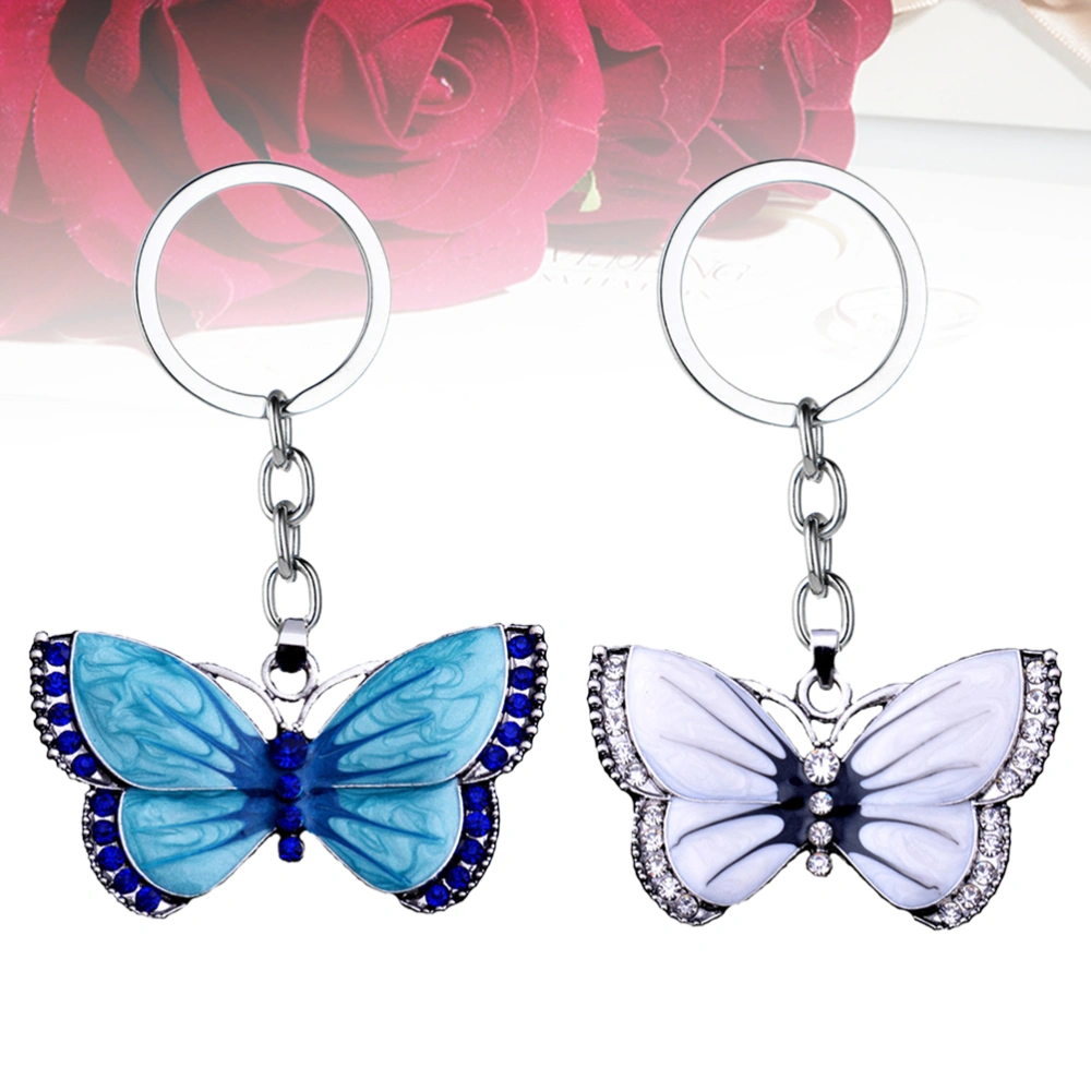 2Pcs Unique Alloy Keychains Drip Oil Design Key Rings Vintage Rhinestone Keyings Pendant Decoration (Blue White 1 Each)