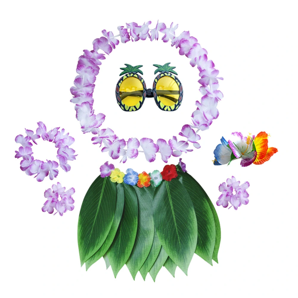 7pcs in 1 Set Purple Hawaiian Classic Leis Costume Set Artificial Leaf Skirt Party Bracelets Neck Loop Headband Pineapple Eyeglasses Set Tropical Beach Luau Fancy Hibiscus Flower Clip Party Supplies for Adult