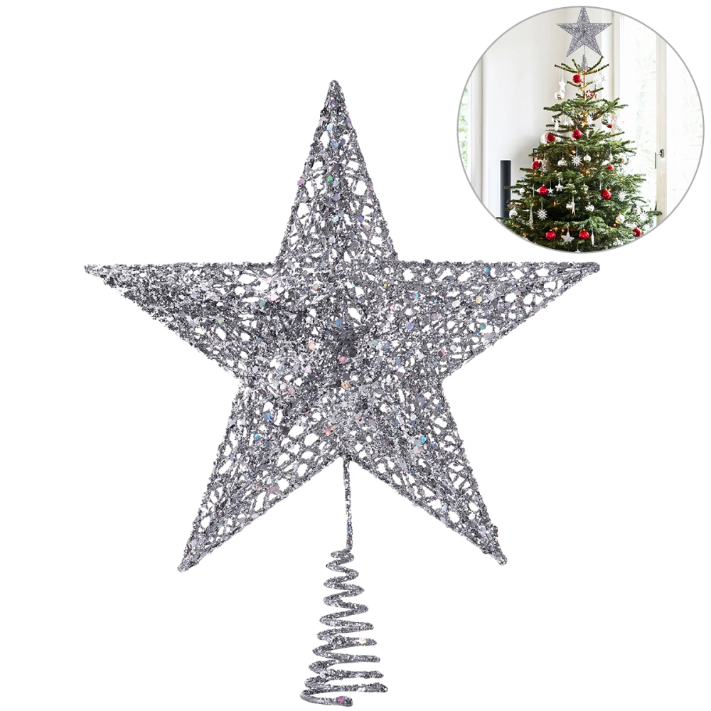 NICEXMAS 25cm Silver Star Tree Topper Exquisite Shimmery Star Christmas Tree Topper Christmas Tree Decoration 5 Point Star Treetop Decor