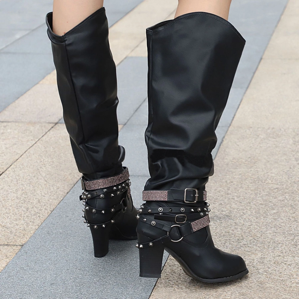 Chunky Heels Thigh High Boots High-heeled Shoes with Rhinestones Round Toe High Leg Boots (Black, Size 40)