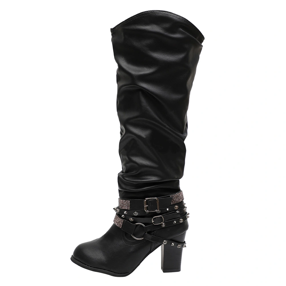 Chunky Heels Thigh High Boots High-heeled Shoes with Rhinestones Round Toe High Leg Boots (Black, Size 40)