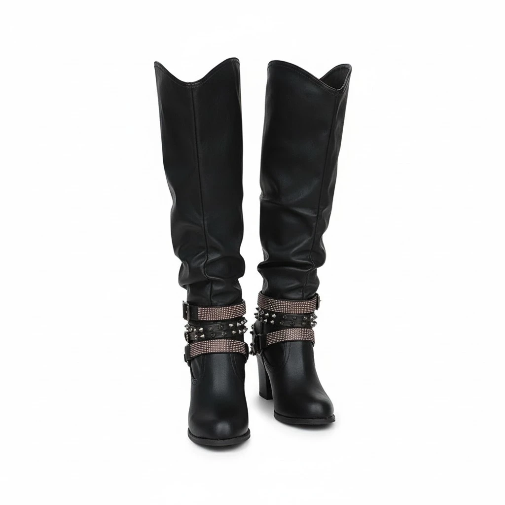 Chunky Heels Thigh High Boots High-heeled Shoes with Rhinestones Round Toe High Leg Boots (Black, Size 40)