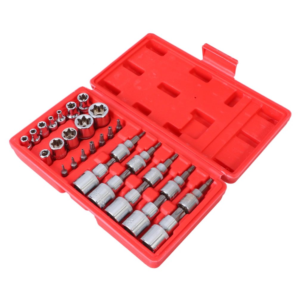 30 Pcs/Set Vanadium Steel Mirror Pressure Batch Sleeve Bushing Machine Repair Tool Set Sleeve Head Machine Motor Socket Set with Red Box