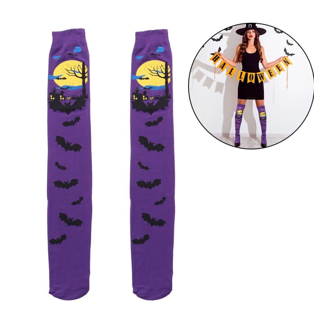 1Pair of Halloween Printed Socks Bat Printed Stockings Party Costumes Silk Stockings (Purple)