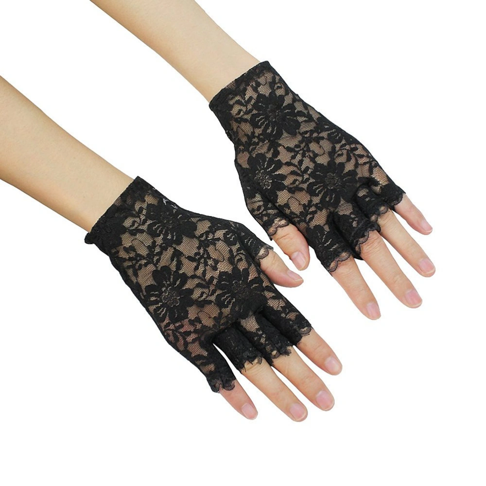 Pair of Lace Fingerless Gloves Gothic Wrist wedding Party Gloves (Black)