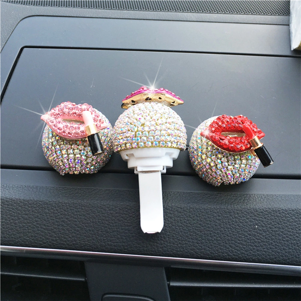 Rhinestone Lip with Lipstick Car Perfume Clip Decorative Aromatherapy Essential Oil Diffuser Vent Clip for Auto Vehicle (Rosy)